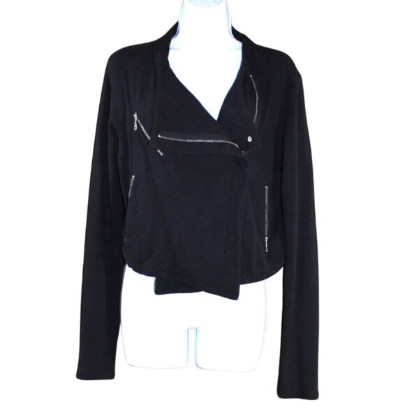Hi Line Black Cotton Moto Biker Jacket Size Large Asymmetrical Zip - Picture 1 of 16